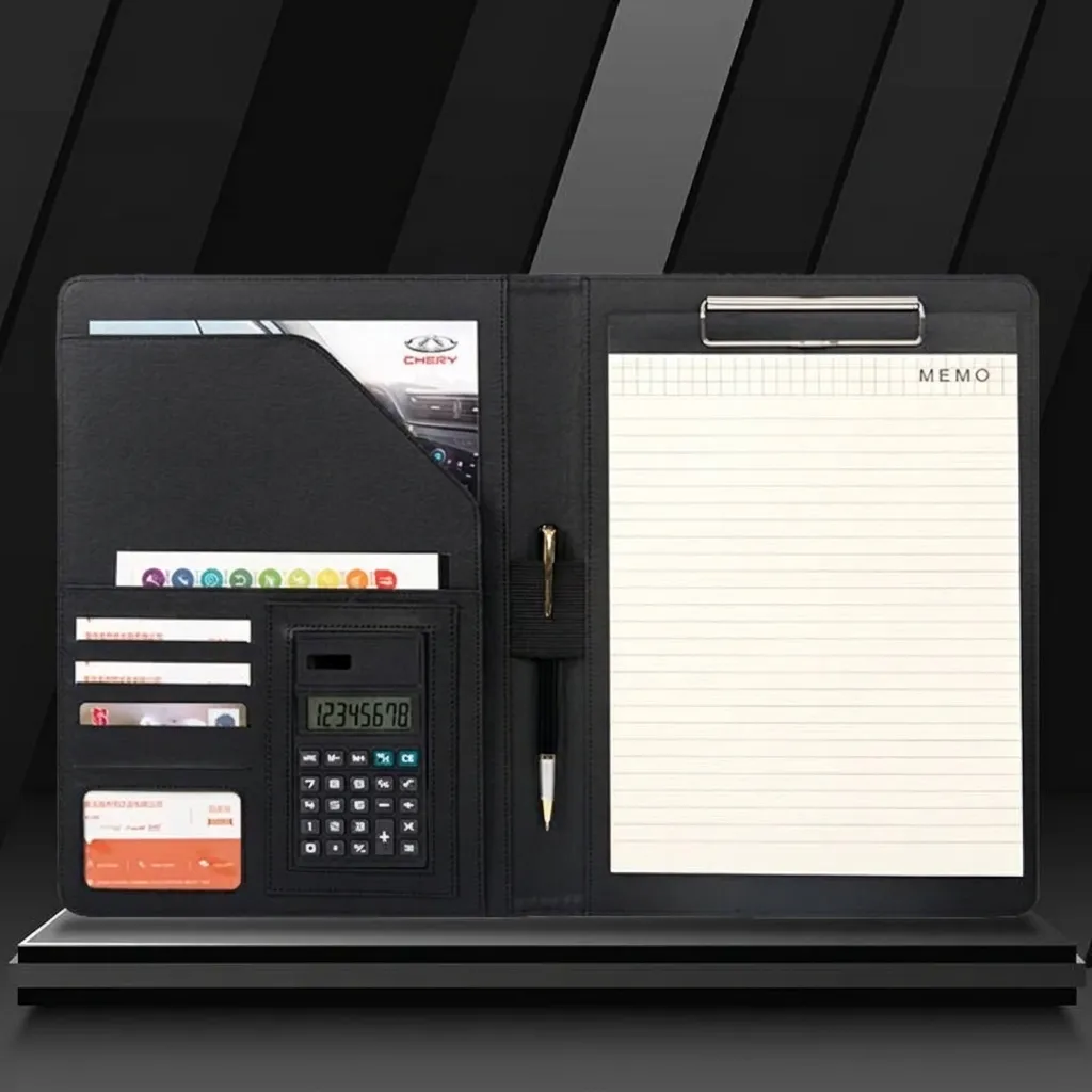 Cartella Portfolio Business in Pelle PU Con Calcolatrice e Blocco Note A4 Organizzatore di Documenti per Riunioni in Ufficio