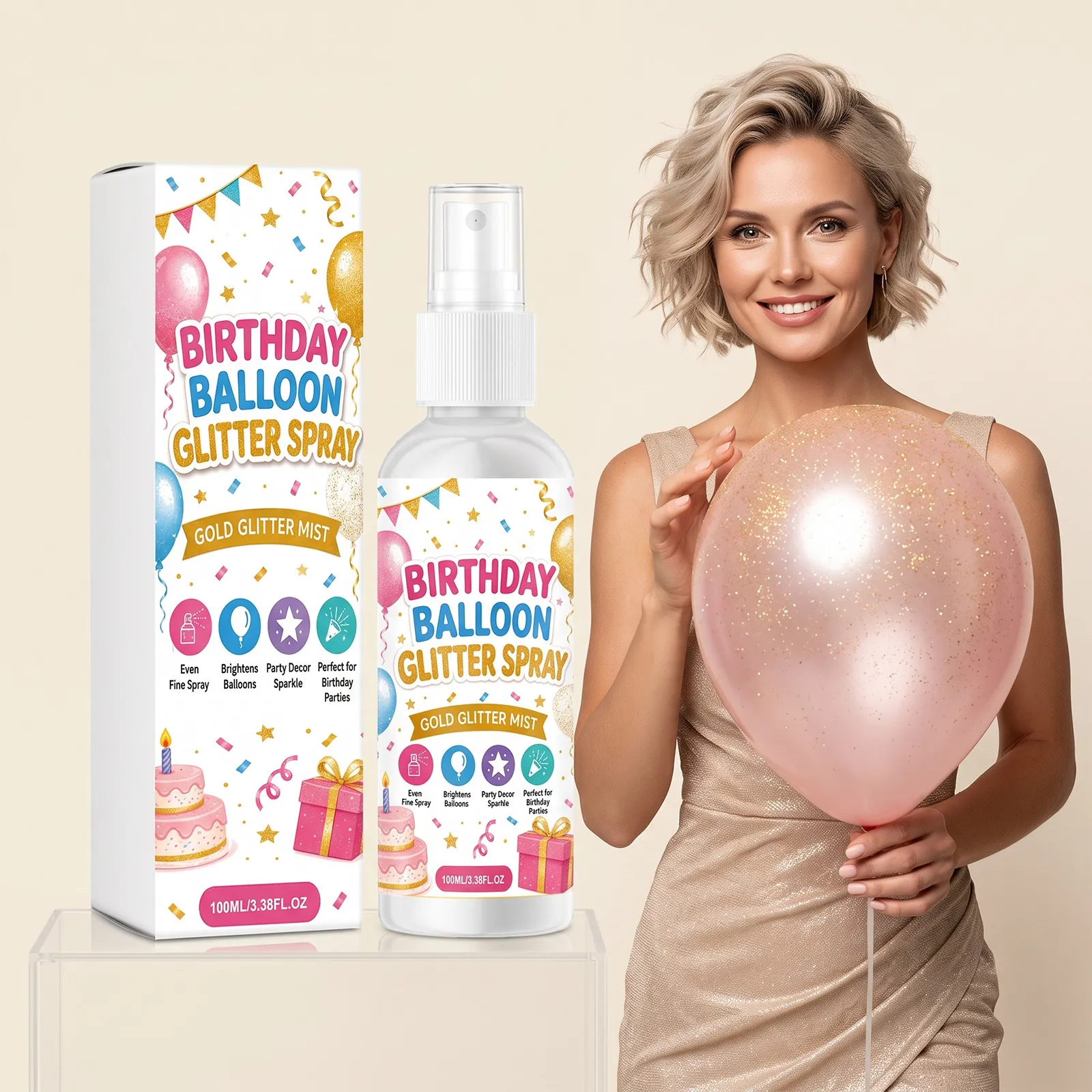 Spray Pailleté pour Ballons d'Anniversaire Brume de Paillettes Dorées pour Décoration de Fête Haute Brillance Couverture Uniforme Séchage Rapide Articles de Fête