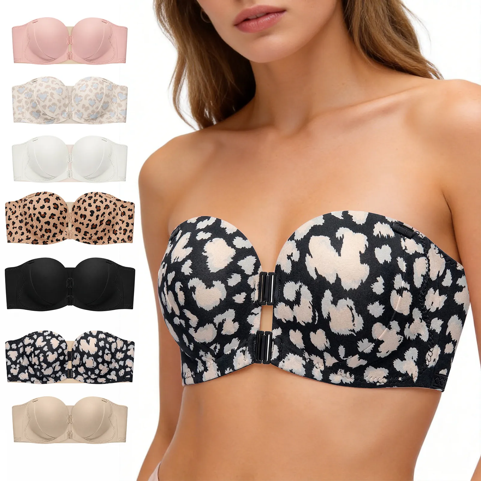 Women's Strapless Push Up Bra Front Clasp Wirefree Anti-Slip Bandeau Bra Seamless Comfort Underwear Daily Intimates