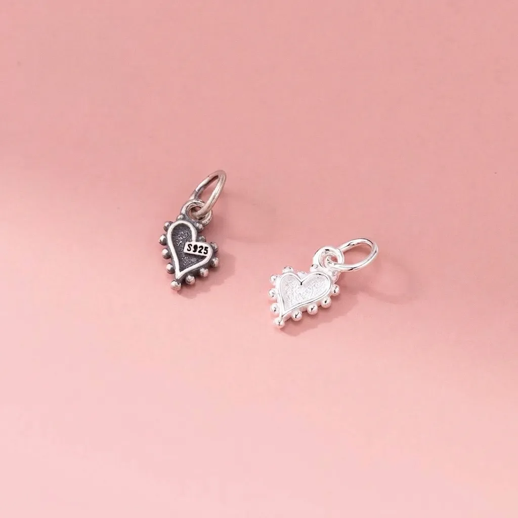 Pendentif Seul en Argent Sterling 925 Coeur Rétro Pièces de Création Bijoux Bordure Perlée Vintage Charm Coeur Fait Main Accessoires
