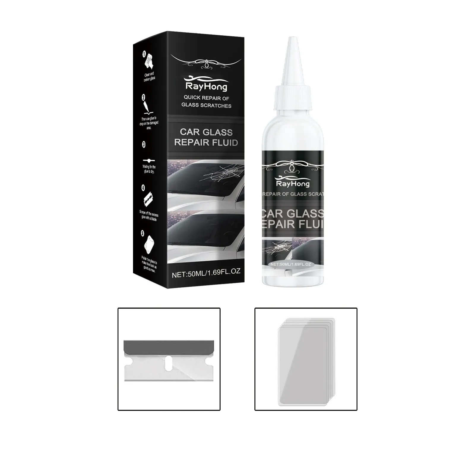 RayHong Car Glass Repair Fluid Nano Care Glue Windshield Cracks Scratches Fast Repair Kit With Curing Film And Blade Professional Glass Restoration Tool