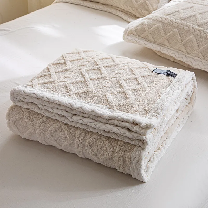 Manta de Terciopelo Tafetán Engrosada Suave Terciopelo de Leche para Oficina Cama Color Sólido Textura de Rombo Felpa Manta Cálida Decoración del Hogar
