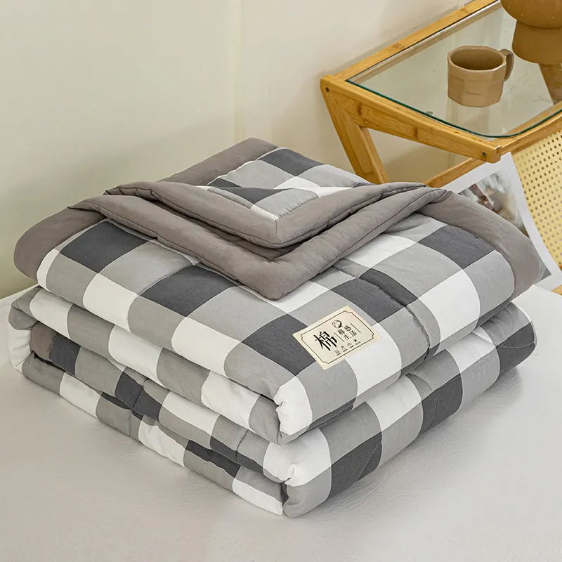 Washed Cotton Summer Quilt Breathable Soybean Fiber Comforter Checkered Pattern Lightweight Thin Blanket For Home Office