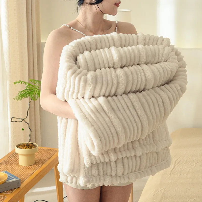 Soft Flannel Milk Velvet Blanket For Sofa Bed Office Nap 3D Stripe Polyester Warm Cozy Thickened Throw Blanket Home Bedding Decor
