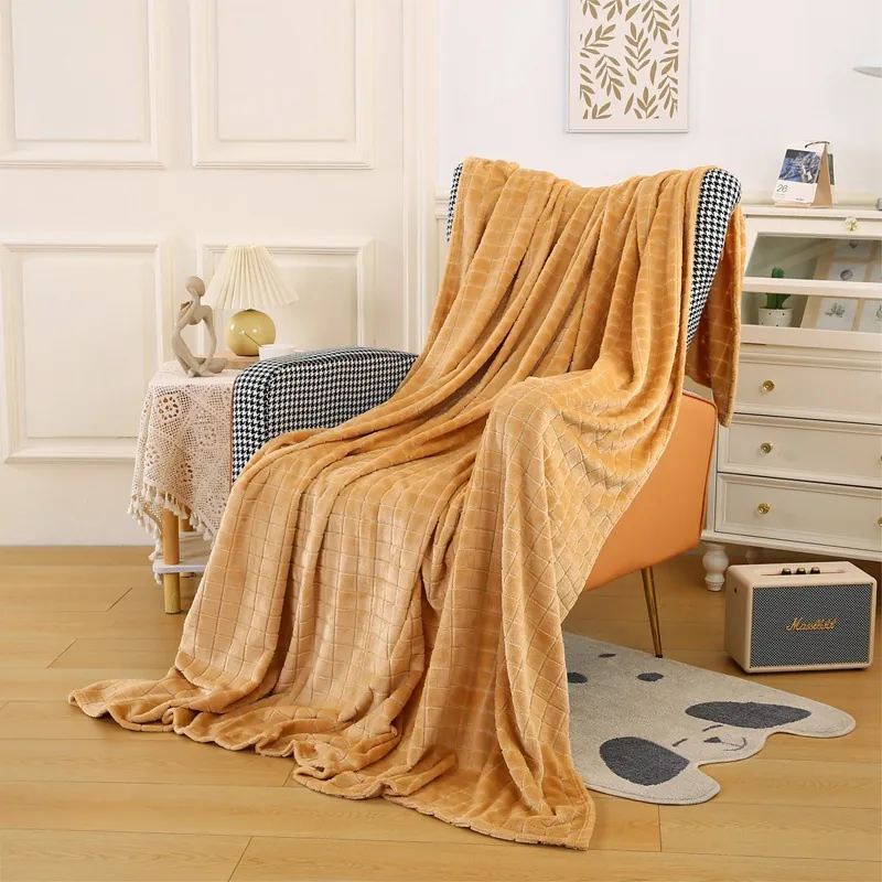 Couverture Jacquard en Flanelle Douce Grille Chaude en Polyester pour Canapé Lit Bureau Couleur Unie Légère Couverture en Peluche
