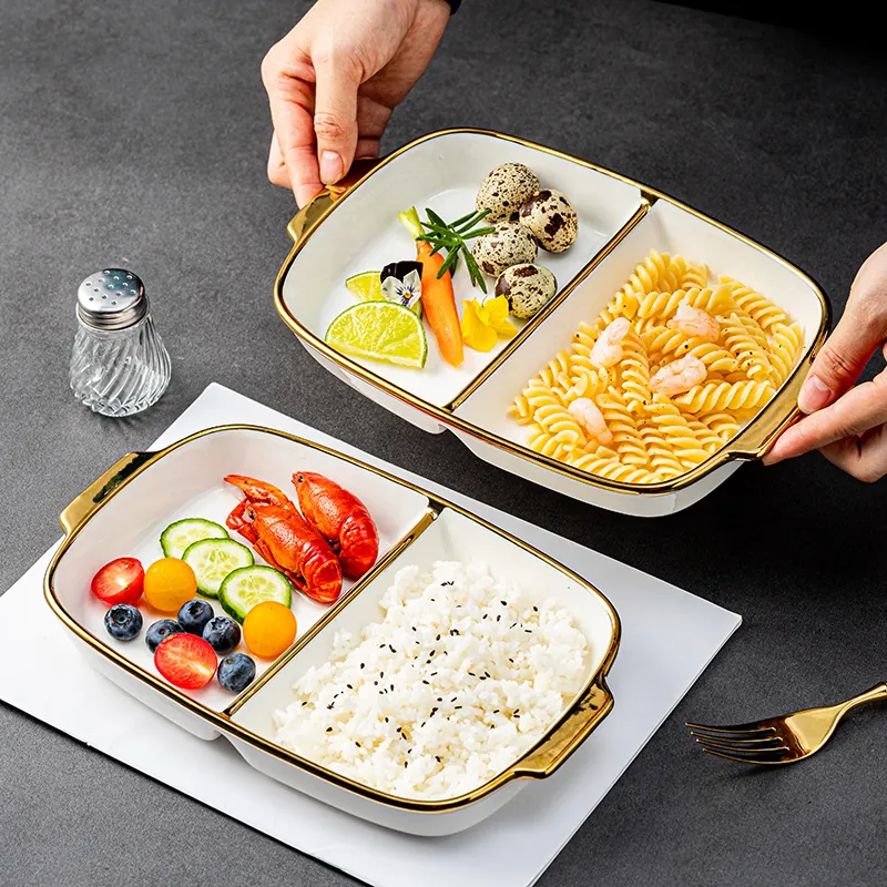 Moderner Minimalistischer Geteilter Keramikteller Mit Goldrand Rechteckiger Porzellan Portionsteller Für Erwachsene Diät Obstteller