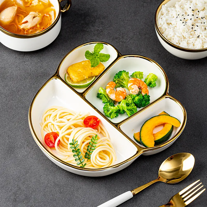 Ceramic Divided Plate Gold Rim Cat Claw Shape Portion Control White Plate For Healthy Meal Diet Single Person Tableware