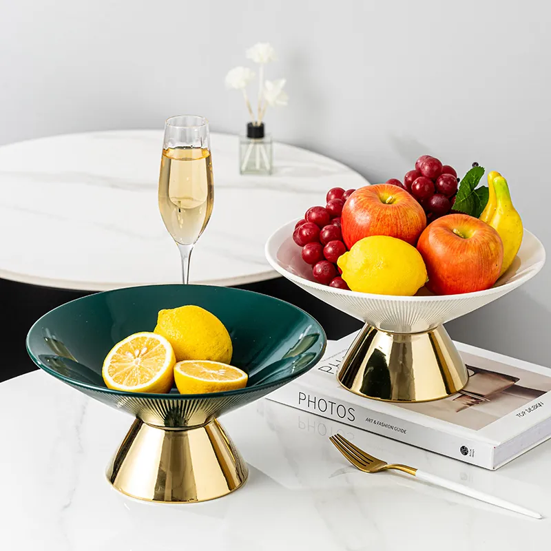 Ceramic High-Footed Fruit Bowl Modern Light Luxury Golden Base Striped Snack Plate Serving Tray For Living Room Decor