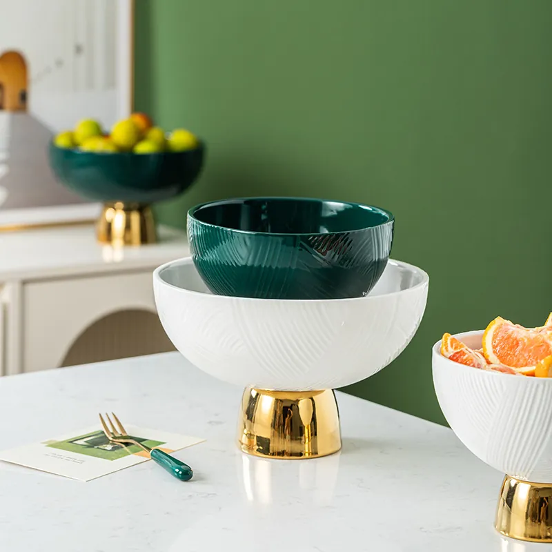 Nordic Light Luxury Ceramic High Footed Fruit Bowl Textured Volleyball Pattern Candy Snack Plate Decorative Golden Metal Base