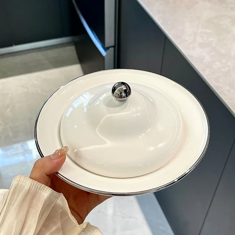 Luxus Weißer Keramik Speiseteller Mit Deckel Heizofen Silberrand Minimalistisches Geschirr Für Bankett Hochzeit Servierplatte