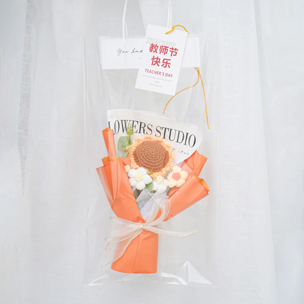 Handgemaakt Gehaakt Zonnebloem Boeket Met Cadeauzakje En Wenskaart Voor Dag Van De Leraar Afstuderen Wol Geweven Kunstbloemen Cadeau