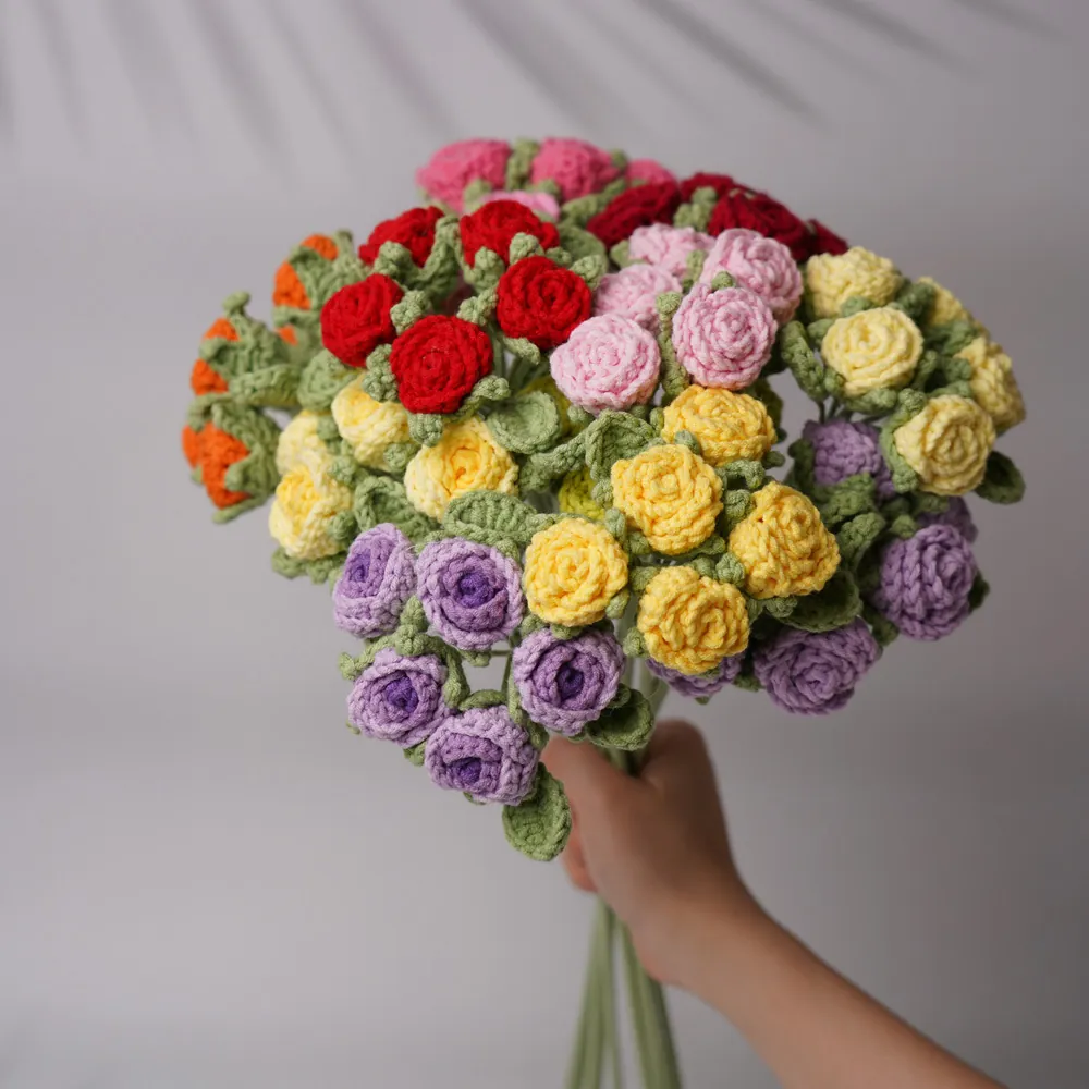 Handmade Crochet Knitted Woolen Yarn Flower Bouquet Multi Headed Bubble Rose Artificial Flowers Gift For Valentine Day Women Home Decor