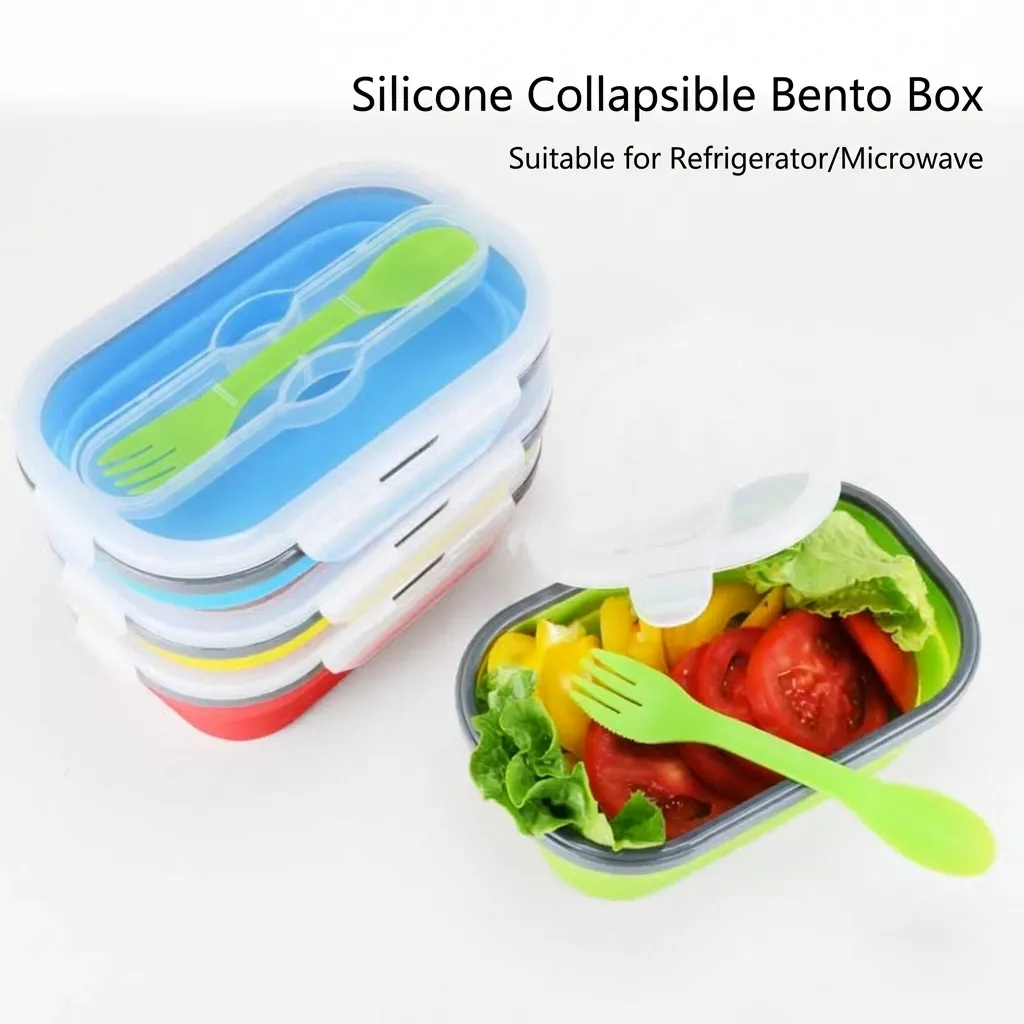 Boîte à Déjeuner Pliable en Silicone Avec Fourchette Bento Portable Adapté Micro-Ondes Réfrigérateur Récipient Alimentaire Pique-Nique