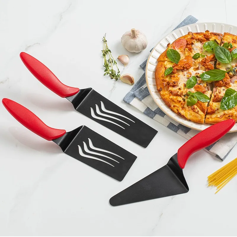 Pala per Pizza in Acciaio Inossidabile Strumento di Trasferimento per Torte Spatola Scanalata per Cucina Cottura con Manico Ergonomico Rosso
