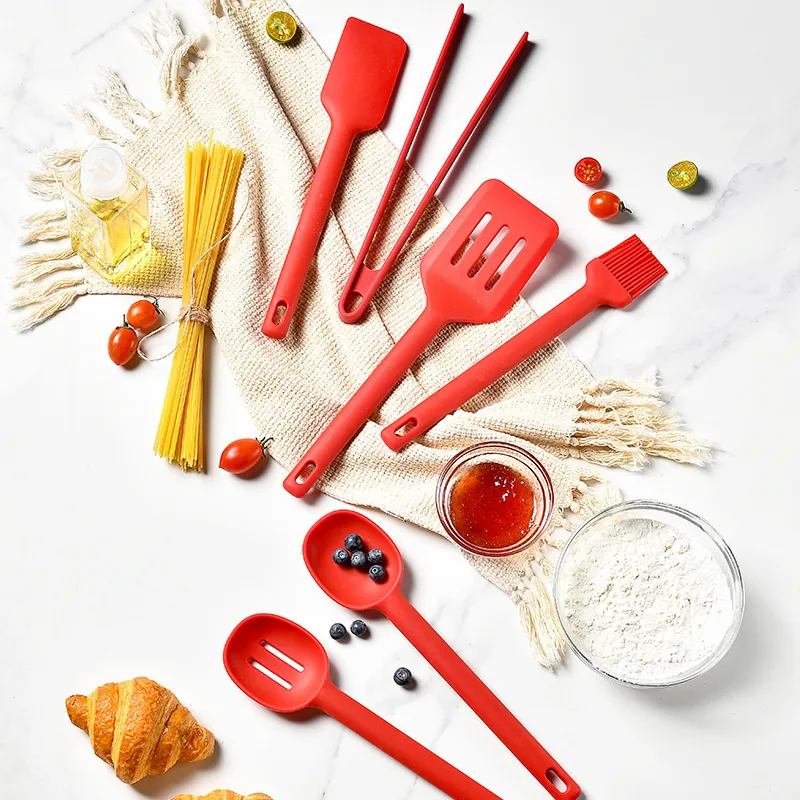 Seamless Silicone Kitchen Utensils Heat Resistant Non Stick Cooking Tools Baking Spatula Oil Brush Soup Spoon Slotted Turner Tongs Kit