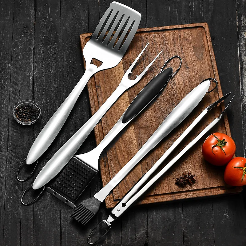 Professional Stainless Steel BBQ Tool Set With Spatula Fork Cleaning Brush Oil Brush Tongs Heavy Duty Grilling Accessories For Outdoor