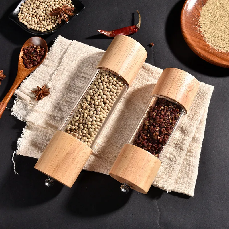 Oak Wood Acrylic Manual Pepper Grinder Salt Mill Adjustable Coarseness Spice Grinding Tool Transparent Visible Seasoning Bottle