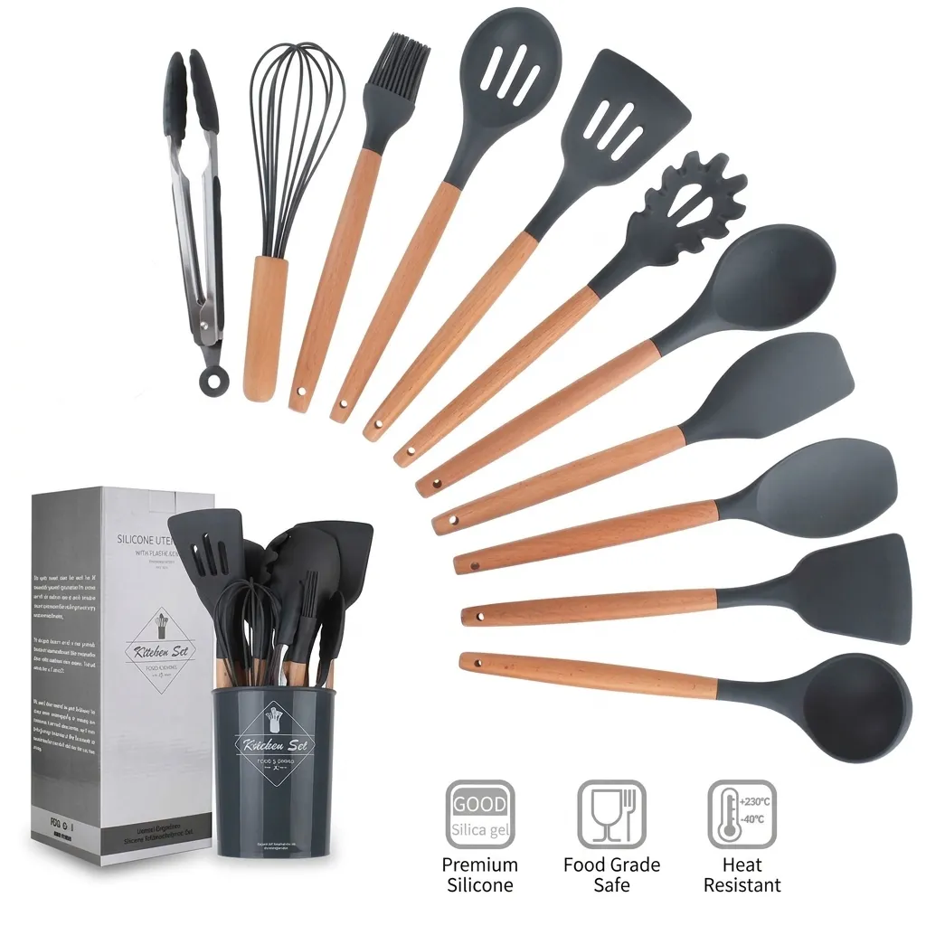 Dark Gray Silicone Kitchen Utensils Set With Wooden Handles Heat Resistant Non Stick Cooking Spoons Spatulas Set For Kitchen