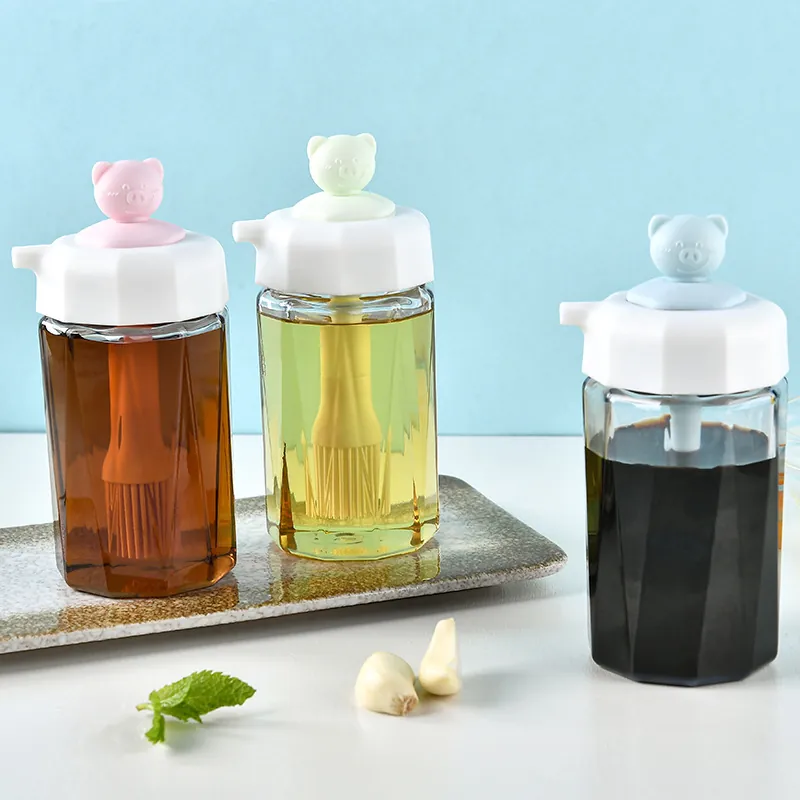Silicone Oil Bottle Brush Integrated Glass Container Cute Pig Handle For Kitchen Baking BBQ Basting Brush Pink Blue Green