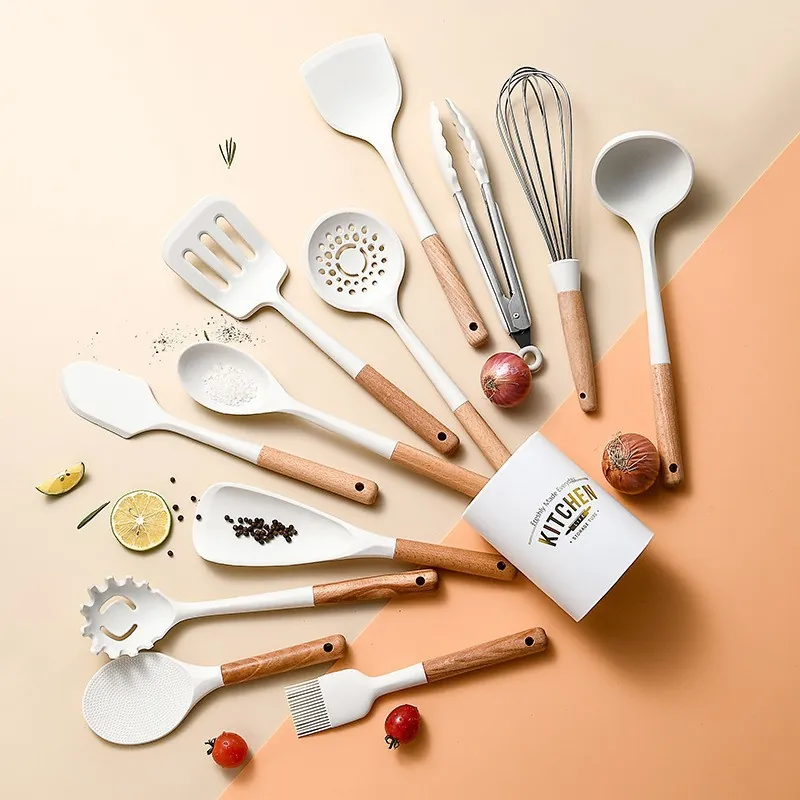 Cream White Silicone Kitchen Utensil Set With Beech Wood Handle Non-stick Heat Resistant Cooking Tools Including Spatula Soup Spoon Whisk Tongs For Home Kitchen Cooking