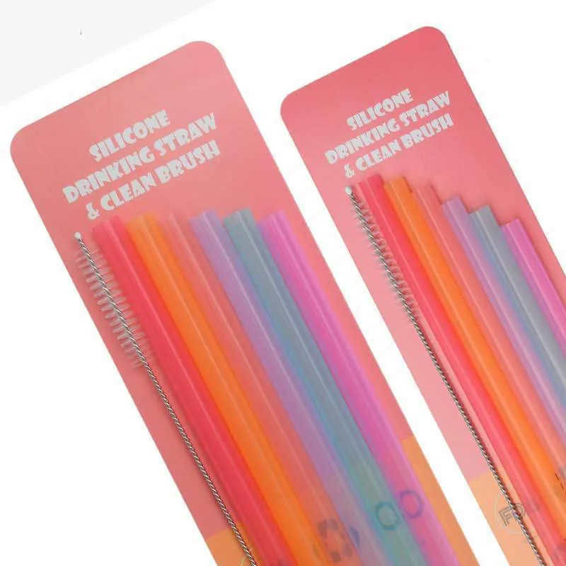Reusable Silicone Drinking Straws Set Colorful Soft Food Grade Straws With Cleaning Brush For Kids Adults Drinkware Accessories