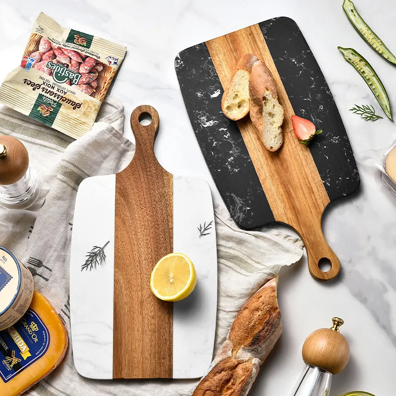 Marble And Acacia Wood Cutting Board Patchwork Cheese Board With Handle Hanging Hole Kitchen Serving Platter Charcuterie Board