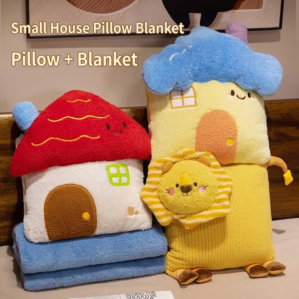 Linda Manta de Almohada de Casa de Dibujos Animados Terciopelo de Nube Cojín de Siesta Plegable para Coche Oficina Dormitorio Decoración