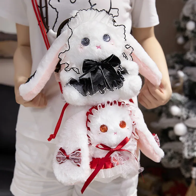 Lolita Hase Plüschtasche Weiß Lange Ohren Kaninchen Umhängetasche Mit Spitze Schleife Dekoration Süßes Geschenk Für Damen Mädchen