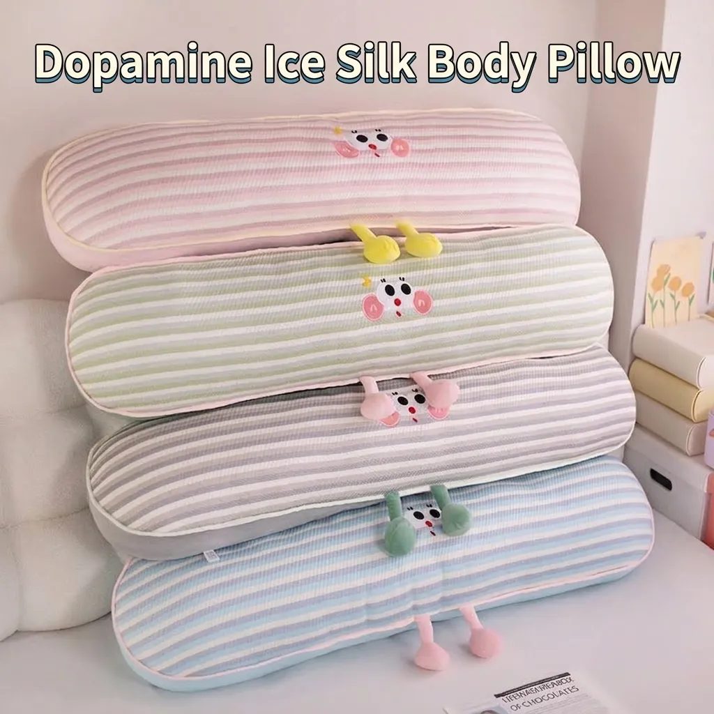 Cooling Ice Silk Body Pillow For Side Sleepers Long Striped Bolster Pillow With Cartoon Embroidery Removable Washable Bed Leg Pillow