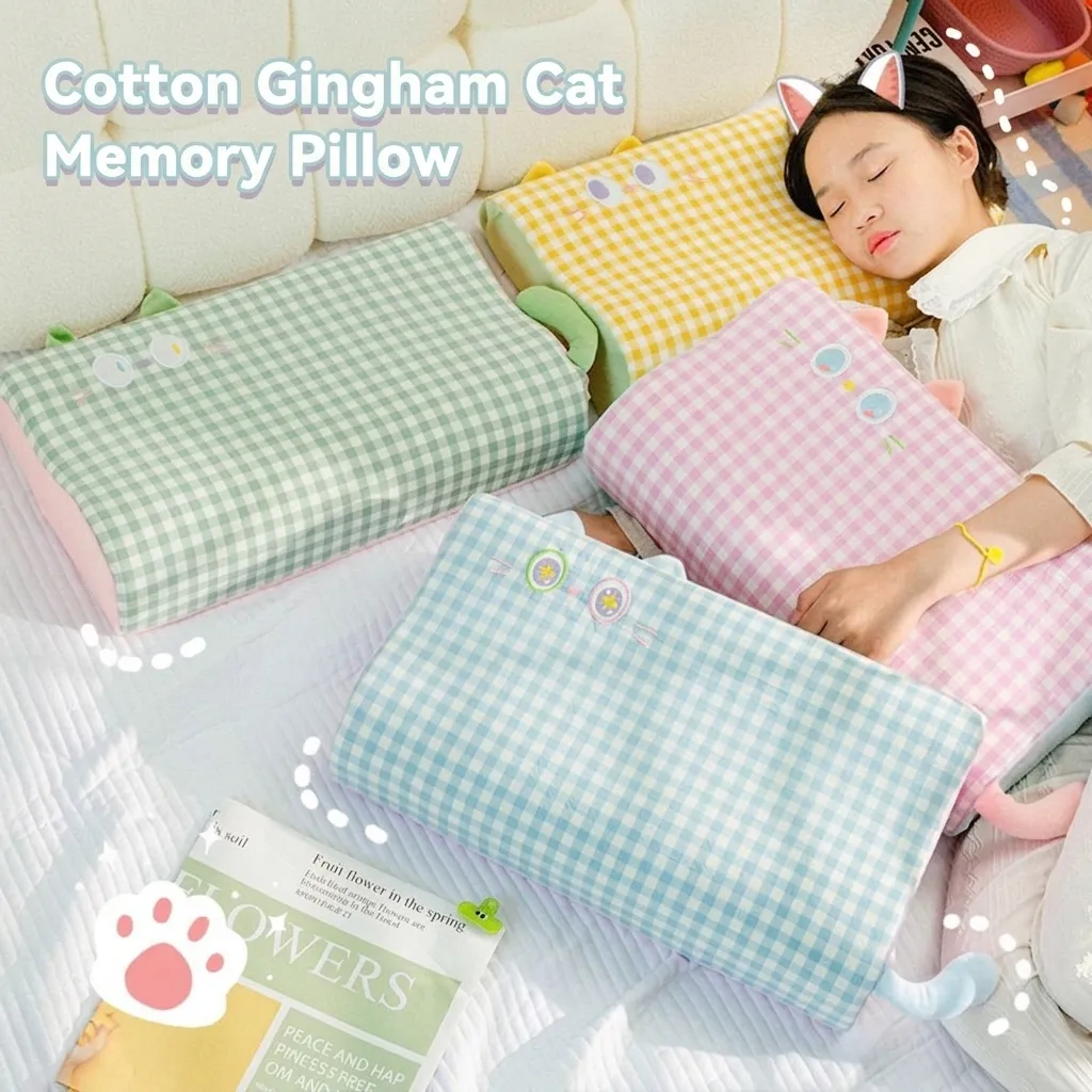 Cartoon Cat Memory Foam Neck Support Pillow Waffle Gingham Plaid Bread Style Cushion For Office Dormitory Sleep Nap Pillow