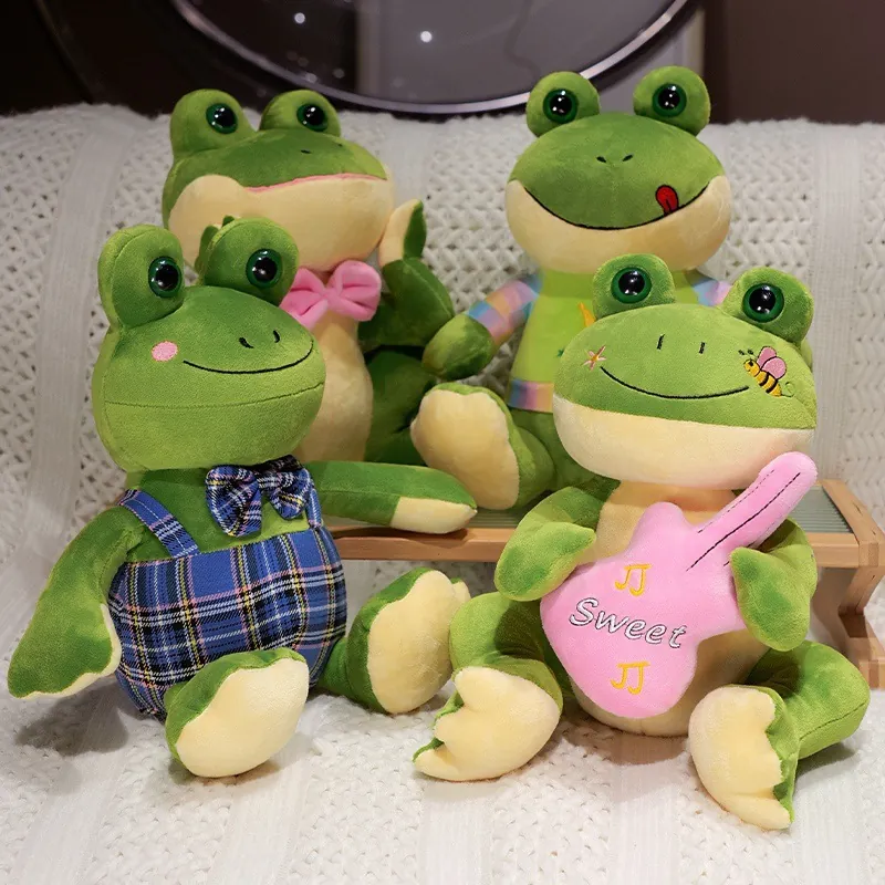 Happy Frog Series Plush Toy Cute Frog Prince Stuffed Animal Embroidered Green Frog Doll With Guitar Bowknot For Friends Gift Home Decor