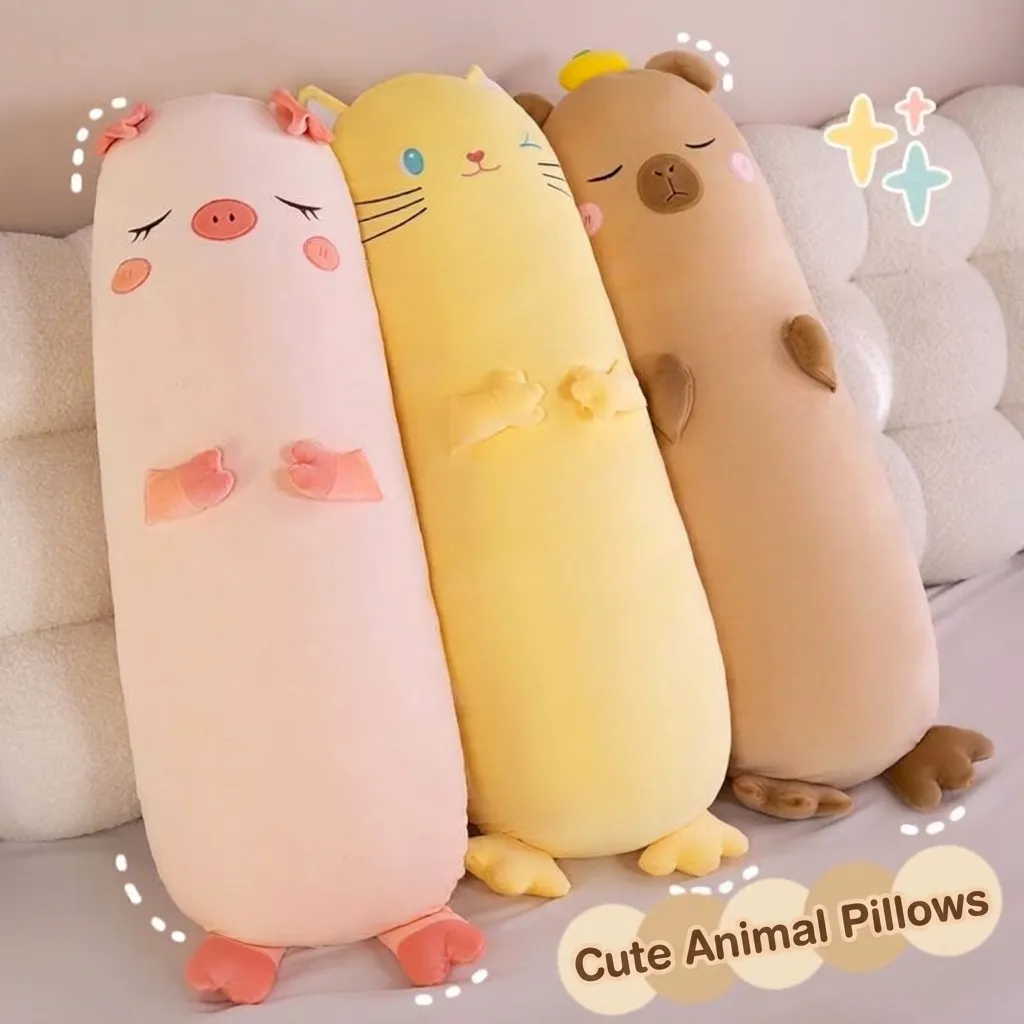 Cartoon Capybara Pig Cat Long Plush Body Pillow Cute Animal Embroidered Sleeping Bolster Removable Washable Cushion For Bedroom Bed Decor Gift