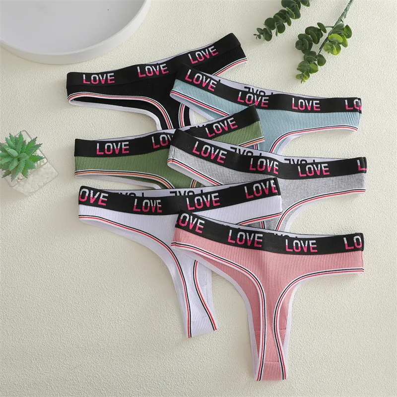 Damen Sexy Baumwolle Gerippte Thong Niedrige Taille Buchstaben Druck T-Back Unterwäsche Weich Atmungsaktiv G-String Lingerie Für Den Alltag