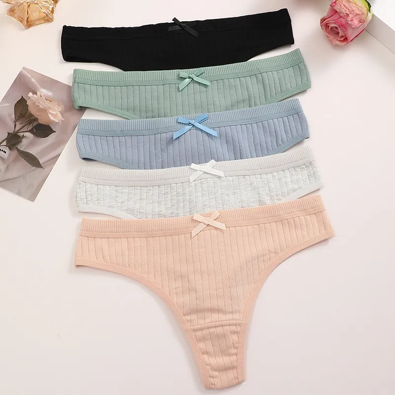 Women Cotton Ribbed Thong Sexy Low Waisted Bow T-Back Breathable Elastic Seamless Lingerie Panties Underwear