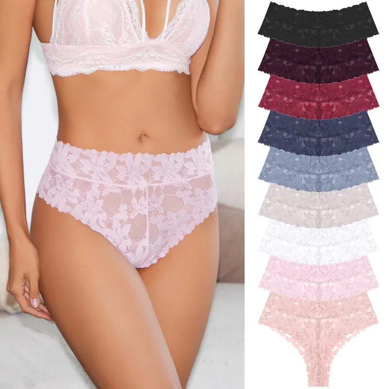Women Sexy Lace Floral Thong Breathable Mid Waist Nylon Cotton Lingerie Hollow Out Scalloped Edge Ladies Panties