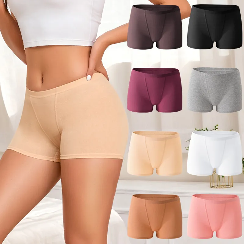 Damen Boxer-Briefs Aus Gerippter Baumwolle Mittlere Taille Komfortabel Atmungsaktiv Einfarbig Sicherheitshose Nahtlose Hüfthebende Unterwäsche