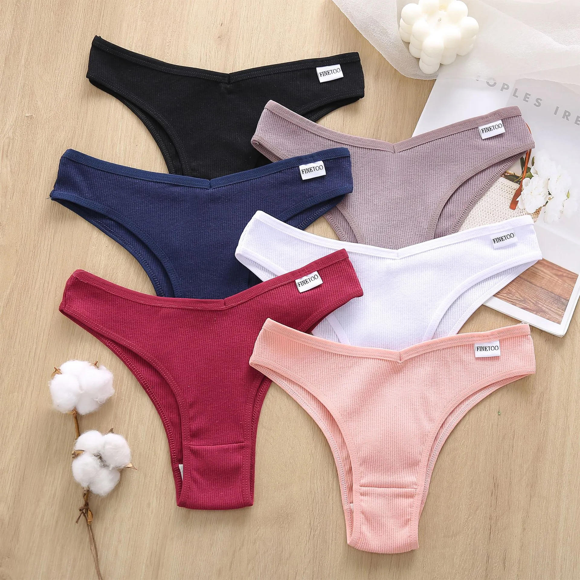 Damen Casual Gerippte Baumwolle V-Taille Slip Bequeme Einfarbige Mittlere Taille Unterwäsche