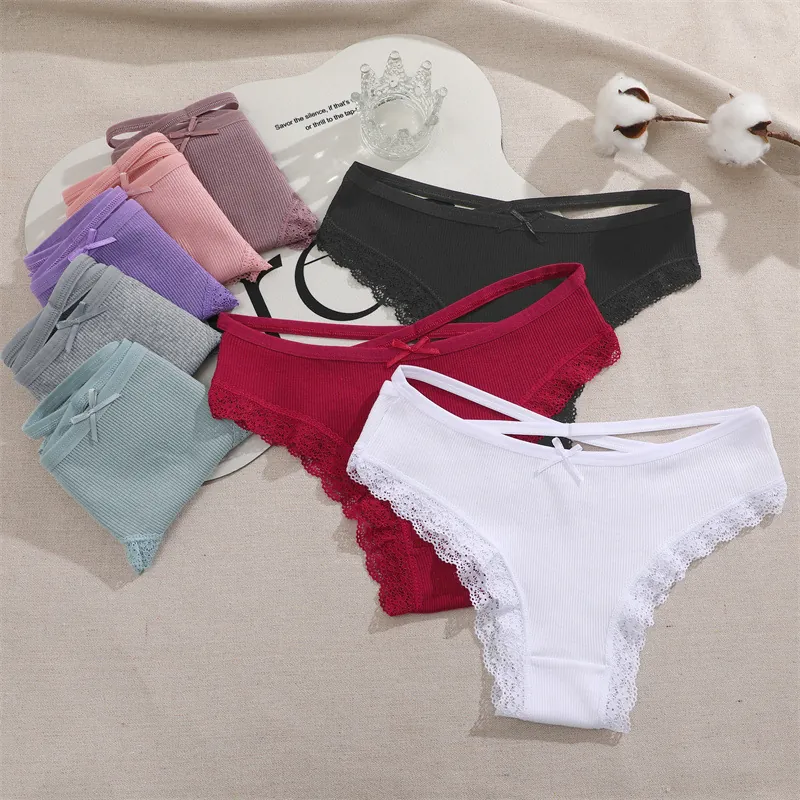 Damen Niedrige Taille Gerippte Baumwolle Bikini Unterhosen Mit Süßer Schleife Und Spitzenbesatz Atmungsaktive Unterwäsche Für Frauen