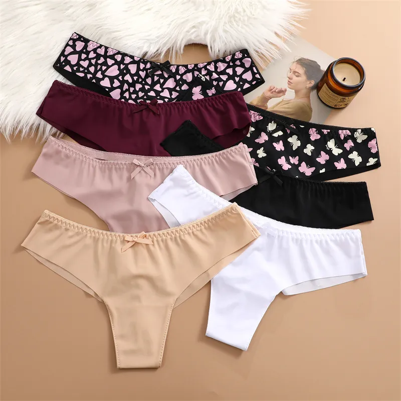 Women Sexy Mesh Thong Panties Low Waist Breathable Seamless G-String Underwear With Bow Decoration For Daily Wear