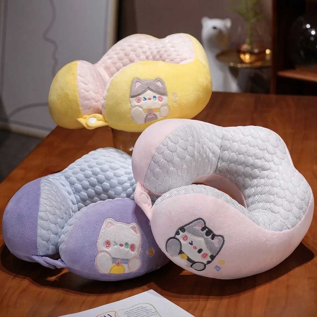 Almohada de Cuello en U de Verano Refrescante Doble Joroba Terciopelo de Cristal Bordado de Gato Almohada de Viaje