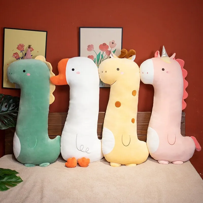 Lindo Animal Largo Almohada de Cuerpo de Peluche Suave Dinosaurio Ganso Jirafa Unicornio Peluche para Dormir Abrazar Decoración