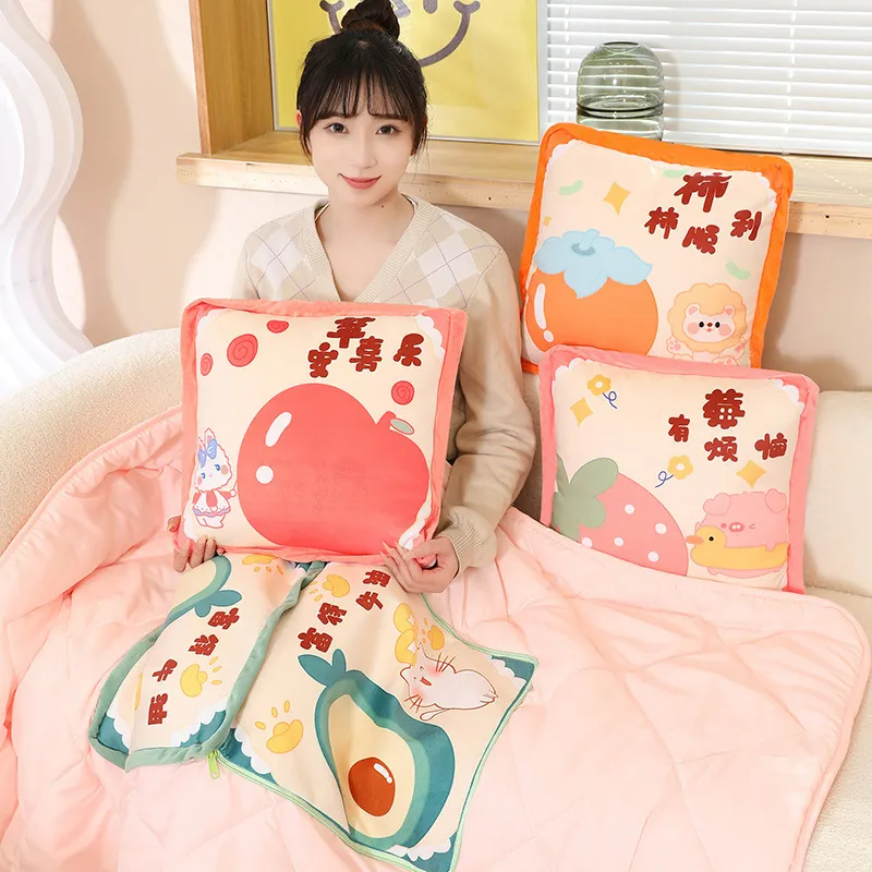 Fruit Print Cartoon Multi Functional Pillow Blanket Soft Plush Sofa Cushion Air Conditioning Quilt For Office Home Lumbar Support