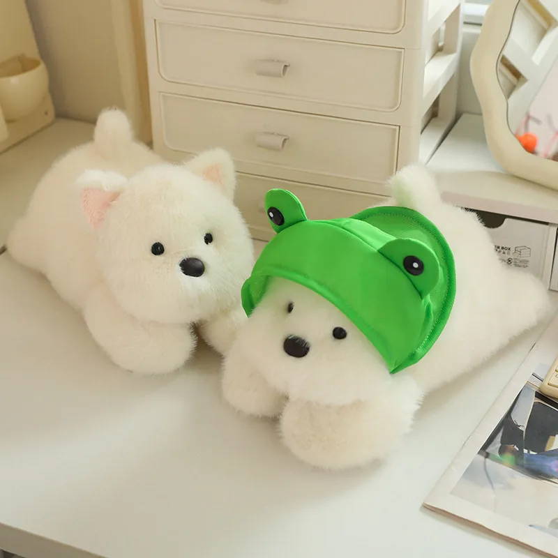 Cute West Highland White Terrier Plush Toy Soft Westie Dog Stuffed Animal Prone Position Soothing Doll With Frog Hat Decor For Kids