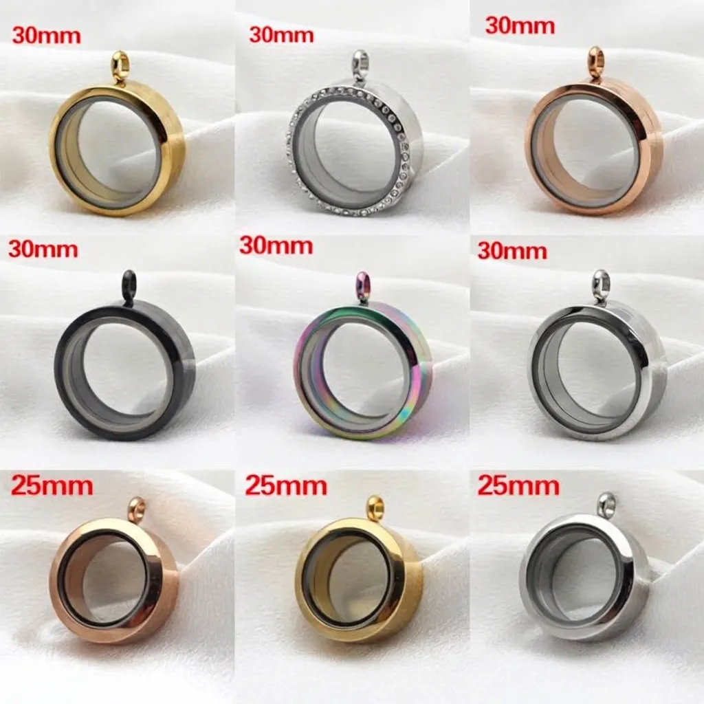 Stainless Steel Round Gau Box Pendant Double Sided Transparent Glass Locket Screw Thread Opening Thickened Frame Floating Charm Pendant For Women Men Jewelry