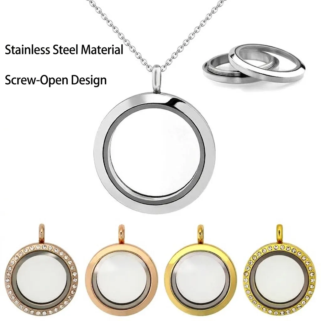 Round Stainless Steel Floating Locket Pendant Glass Memory Locket Screw Open Frame DIY Jewelry Making Gift For Women