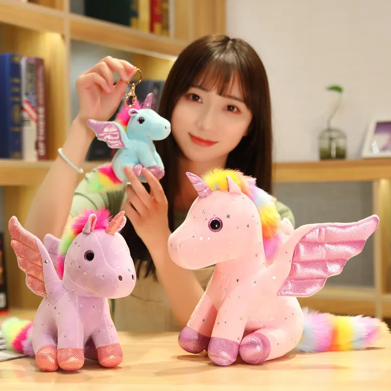 Giocattolo di Peluche Unicorno Angelo Con Motivo Stella in Argento Criniera Arcobaleno Ali Bambola Imbottita Regalo di Compleanno Bambini