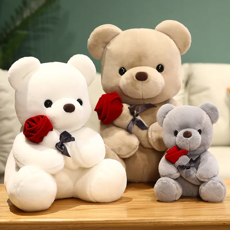 Soft Teddy Bear Plush Holding Red Rose With Ribbon Bow Valentine's Day Gift For Kids Room Decoration Stuffed Animal Toy