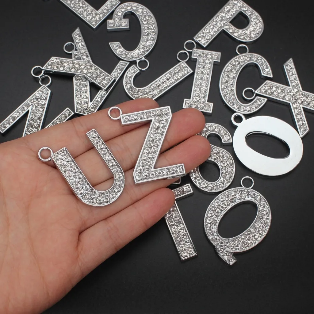 35 Alloy Rhinestone English Letter Pendant DIY Personalized Keychain Clothing Bag Accessory Silver Alphabet Charms
