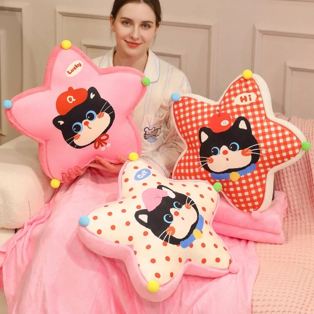 Star Shaped Cat Print Two In One Pillow Blanket Set Soft Crystal Velvet Nap Cushion Office Home Sofa Decorative Throw Pillow