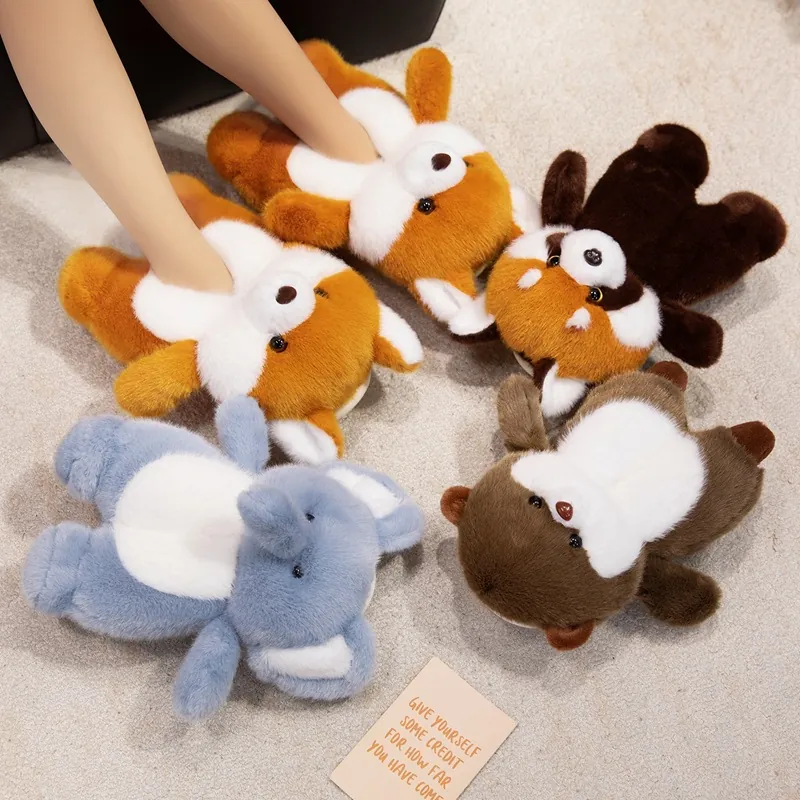 Cute Animal Parent-Child Plush Slippers Cartoon Fox Raccoon Elephant Otter Home Indoor Warm Non-Slip Soft Cotton Shoes For Family